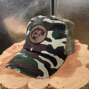 BASS Fishing CAMO Hat - BuckskinBrown/Black Patch - Distressed Hat
